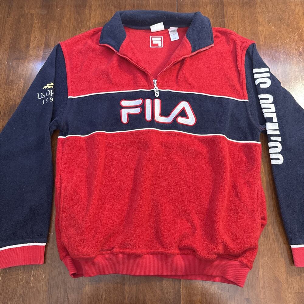 FILA US Open 1999 Red/Blue Fleece 1/4 Zip Sweeater Medium Vintage‎ Tennis